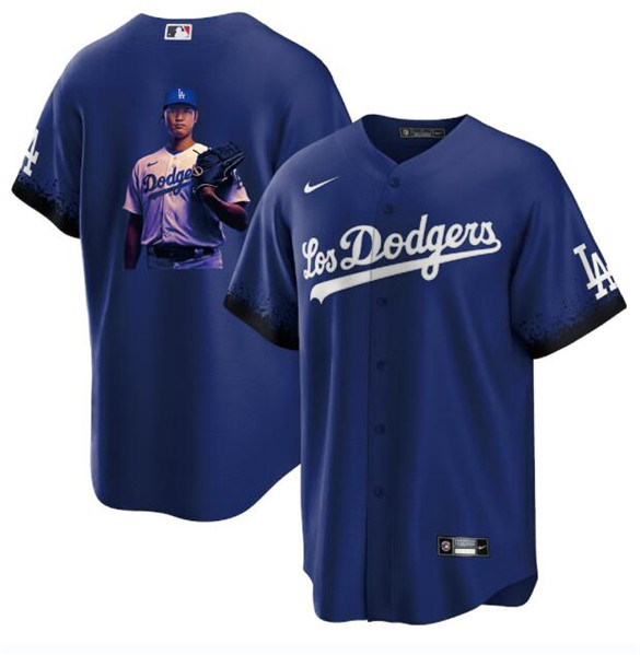 Los Angeles Dodgers #17 Shohei Ohtani Blue Big Logo City Connect Cool Base Stitched Jersey - Click Image to Close